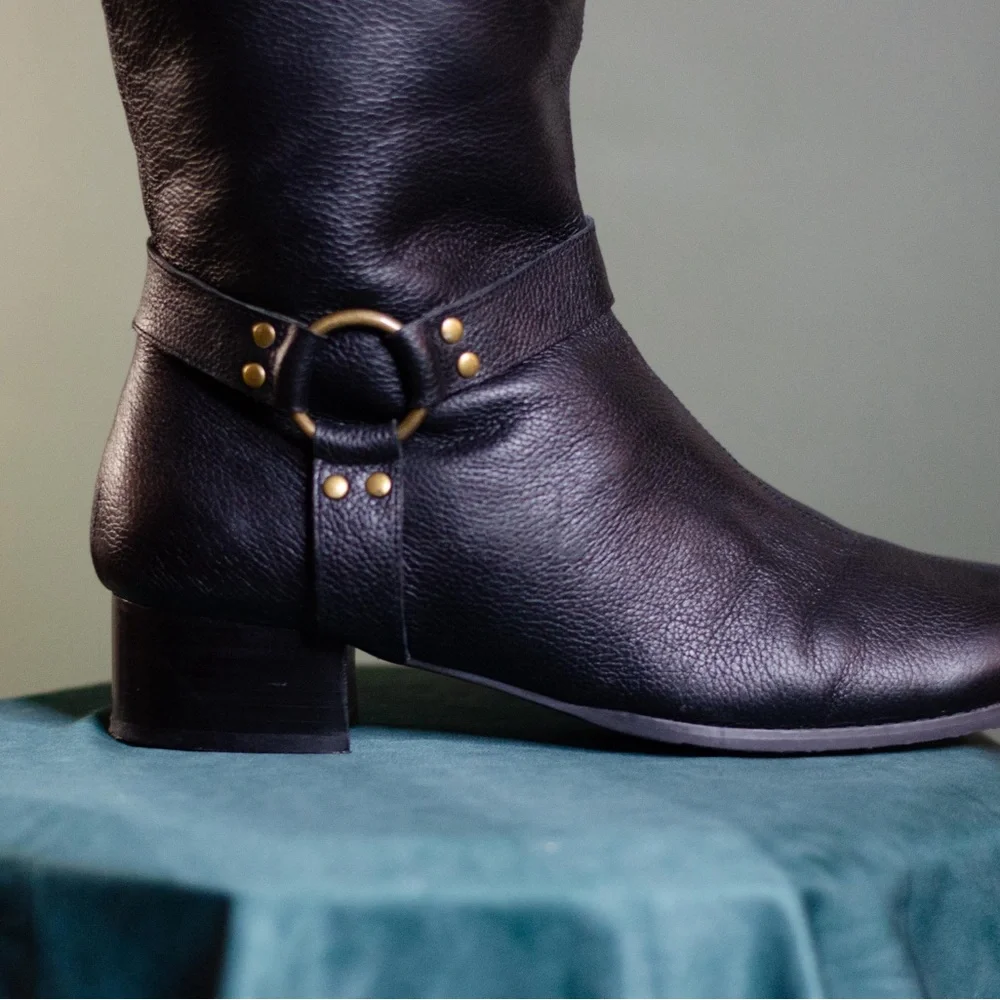 Black Leather Women's Wide Calf Moto Boots - Picture 8 of 9